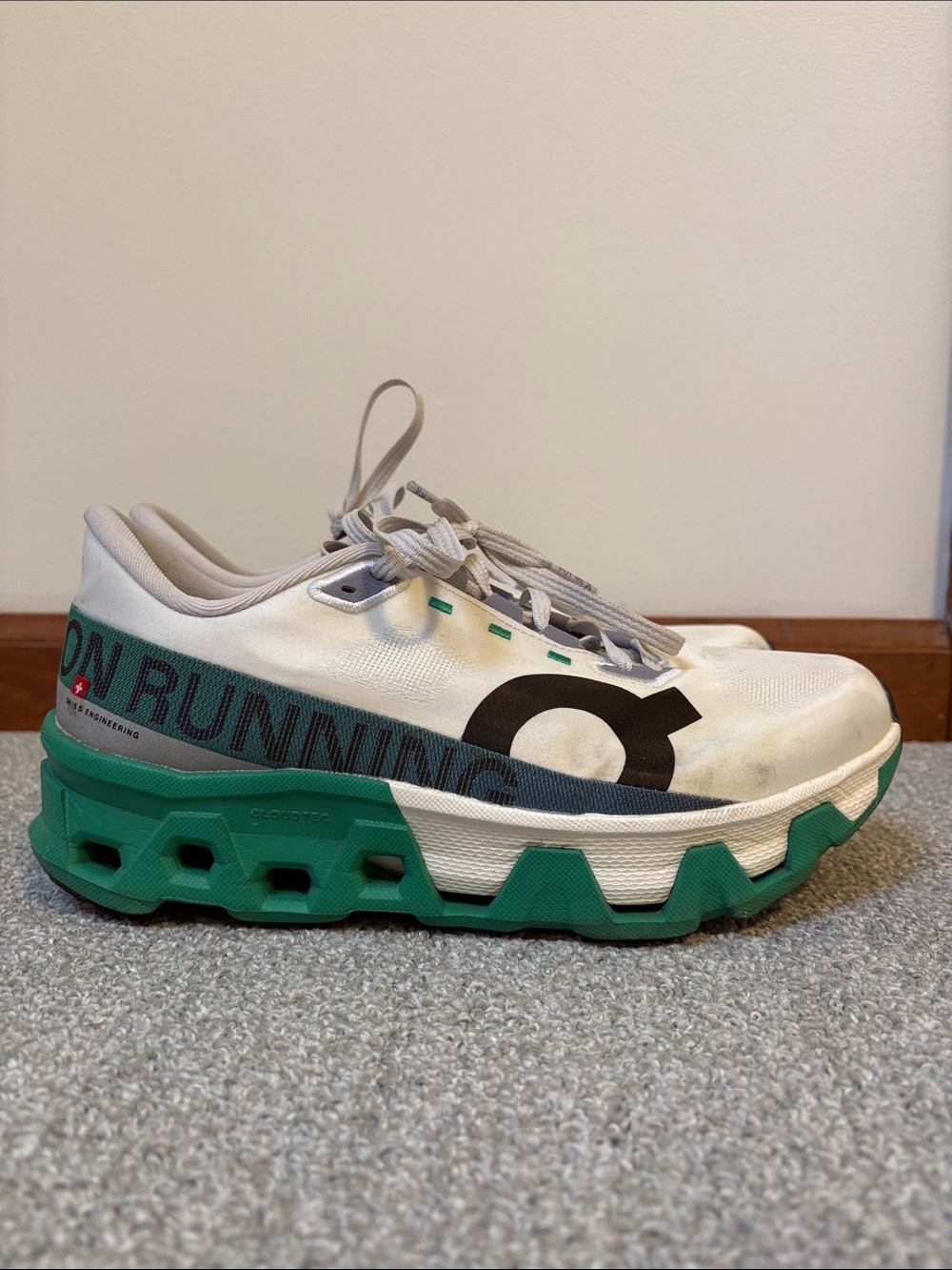 On Running Cloud Monsters White and Green Cloudtec Running Sneakers